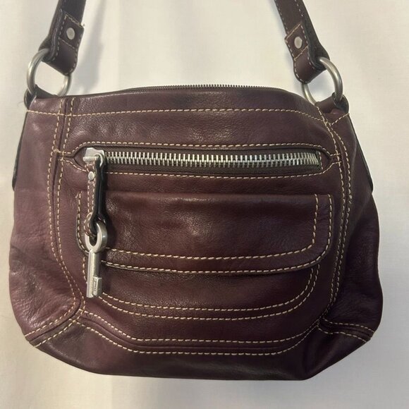 Fossil Handbags - Vintage Fossil Brown Leather Shoulder Boho Bag Purse Silver Key Charm Zip